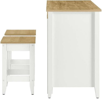 MAKLAINE Contemporary 3-Piece Kitchen Island Set, Oak White Finish, MDF and Particleboard Construction, Butcher Block Countertop, Pull-Out Table, Adjustable Shelves, Includes 2 Backless Stools