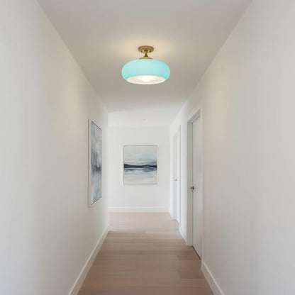 Mid Century Modern Flush Mount Ceiling Light Vinatage 11.02" Blue Glass Shade Brass Finish Ceiling Light Fixture Closet Overhead Light for Bathroom Kitchen Passway
