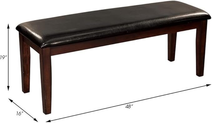 Pemberly Row Contemporary Wood Dining Room Bench, Cherry Finish, Solid Mango Veneer, 48 in Seat, Faux Leather Upholstery, Dining Height Bench for Kitchen or Dining Room Seating