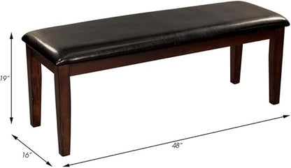 Pemberly Row Contemporary Wood Dining Room Bench, Cherry Finish, Solid Mango Veneer, 48 in Seat, Faux Leather Upholstery, Dining Height Bench for Kitchen or Dining Room Seating