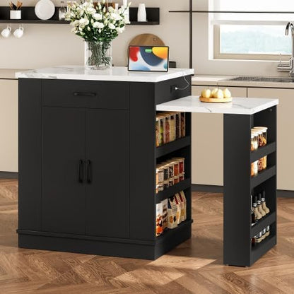 Bellemave Kitchen Island with Extendable Dining Table, 80.7" Kitchen Storage Islands with Double-Door Cabinet, Power Outlet, 2 Drawers & 2 Open Shelves, Temporary Breakfast Bar (Black/80.7")