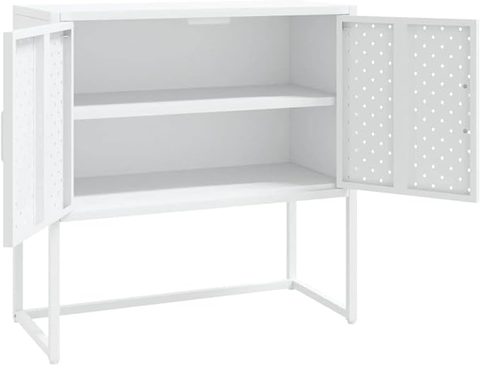 White Steel Sideboard, Rectangular Modern Buffet Cabinet, Lacquered Finish, 2-Door Storage, Adjustable Levelers, for Living Room, Dining Room Kitchen Furniture