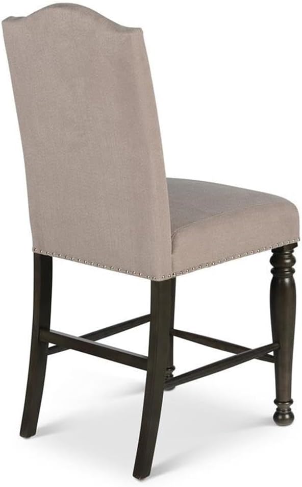 BOWERY HILL Counter Height Chair Set of 2, Harbor Gray Finish, Light Stone Fabric, 20" W x 24" D x 45" H, Shield Back with Nailhead Trim, Turned Legs, Stretchers, Kitchen Island or Bar Seating
