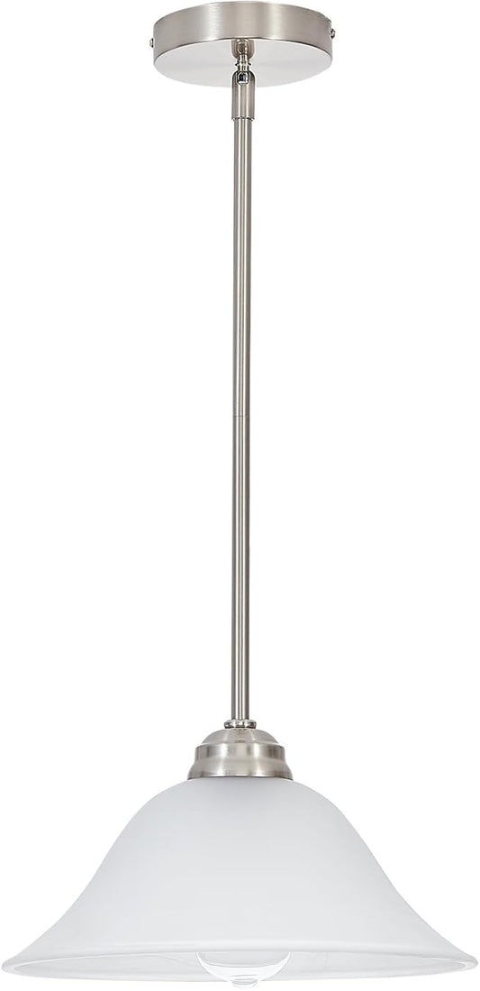 Modern Alabaster Glass Pendant Light Adjustable Rod Pendant Lighting Fixture for Kitchen Sink Bar Dining Room, 12“D (Brushed Nickel)
