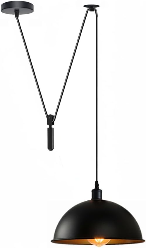 Black Dome Adjustable Pulley Pendant Light – Retro Industrial E26 Hanging Ceiling Lamp Fixture for Kitchen Island, Dining Room, Living Room, Bar & Café Décor (2M, Black)