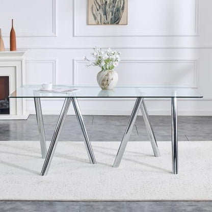 Donext 71" Rectangular Tempered Glass Dining Table, Sturdy Metal Legs,Modern Kitchen Dining Room Table,White