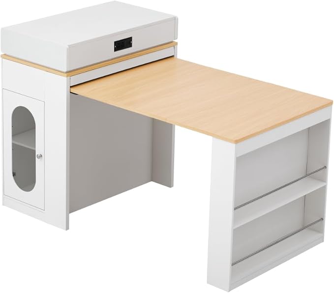 Modern Marble Dining Table Extendable Folding Solid Wood Kitchen Island with Power Socket Buffet Cabinet Sideboard on Wheels for Dining Room (Cream White + Natural Wood,with Metal Legs)