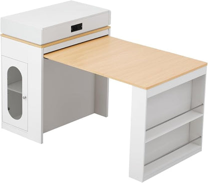 Modern Marble Dining Table Extendable Folding Solid Wood Kitchen Island with Power Socket Buffet Cabinet Sideboard on Wheels for Dining Room (Cream White + Natural Wood,with Metal Legs)