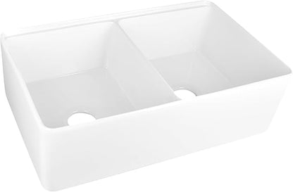 DeerValley Farmhouse Sink Workstation, 33 inch White Fireclay Apron Front Farm Sinks, Double Bowl Deep Drop-in Undermount Sink with Workstation Accessories