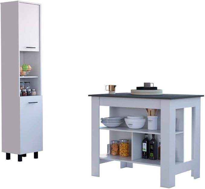 FM FURNITURE Nashville 2 Piece Kitchen Set, Kitchen Island and Pantry Cabinet with 3 Shelves, White/Onyx