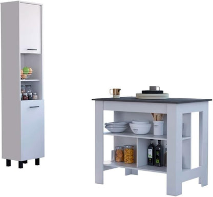 FM FURNITURE Nashville 2 Piece Kitchen Set, Kitchen Island and Pantry Cabinet with 3 Shelves, White/Onyx