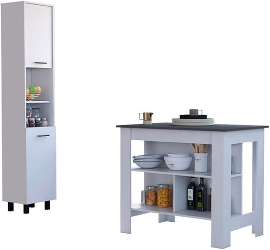 FM FURNITURE Nashville 2 Piece Kitchen Set, Kitchen Island and Pantry Cabinet with 3 Shelves, White/Onyx