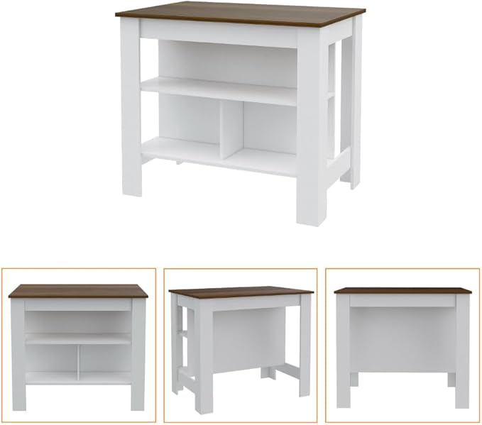 7 Shelf 4 Door 2 Kitchen Set, Kitchen Island and Cabinet White and Walnut QP267