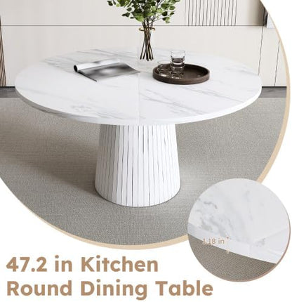 Farmhouse Round Dining Table Set for 6, 47 in Kitchen Table with MDF Tabletop & Base, Beige Fabric Upholstered Chairs with Walnut-Grain Metal Legs for Home Small Apartment (White)