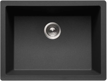 Houzer Cassiano Midnite Granite Composite Kitchen Sink - 24 Inch Undermount Single Bowl Sink, Durable & Versatile, Essential for Home & Apartment - G-300U MIDNITE