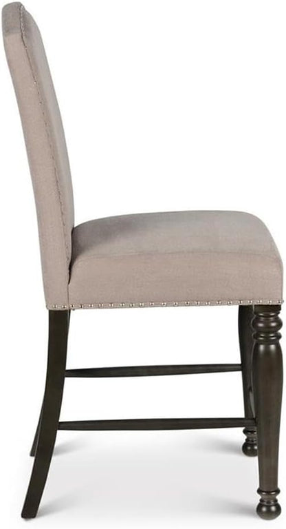 BOWERY HILL Counter Height Chair Set of 2, Harbor Gray Finish, Light Stone Fabric, 20" W x 24" D x 45" H, Shield Back with Nailhead Trim, Turned Legs, Stretchers, Kitchen Island or Bar Seating