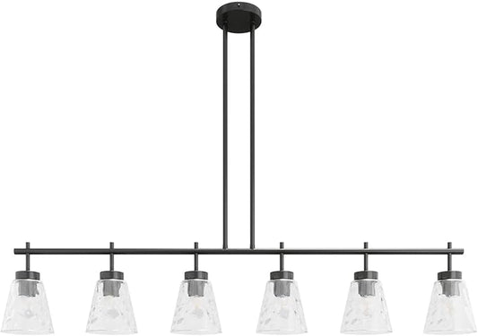 Aiwen 6-Light Kitchen Island Lighting, Modern 48 inch Black Island Chandelier with Glass Shade, Industrial Linear Pendant Lighting Over Table, Pendant Light Fixture for Dining Room