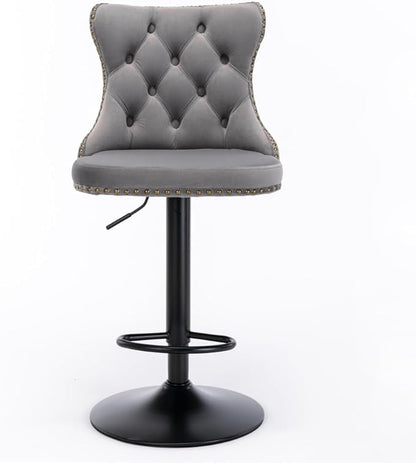 Modern Swivel Bar Stool with Adjustable Height and Tufted Upholstered Backrest for Kitchen Island, Home Bar, or Dining Area (Gray + Velvet + Foam)