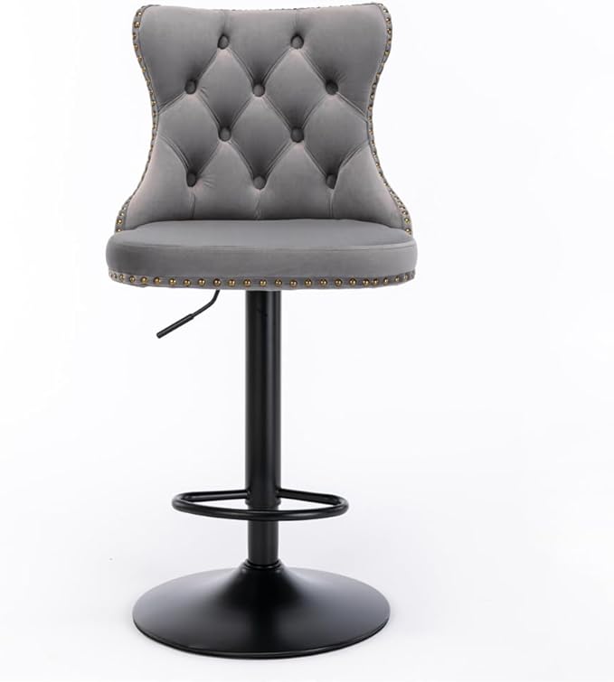 Premium Velvet Upholstered Swivel Bar Stool with Adjustable Height and Tufted Backrest for Kitchen Island, Home Bar, and Dining Space (Gray + Velvet + Foam)