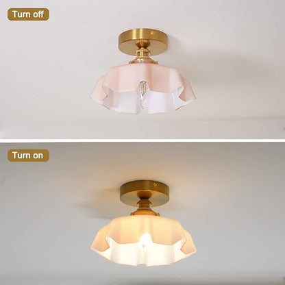 9.4in Vintage Pink Flush Mount Ceiling Light Fixture - Brass Semi Flush Mount Lighting with Flower Glass Shade for Closet, Small Rooms - Compact Indoor Light for Hallway Entryway Porch, Bulb Not