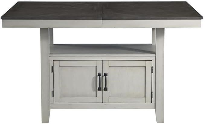 BOWERY HILL Modern 6-Piece Dining Set, Stone Gray and Charcoal Wood, 80 in Table with 20-Inch Leaf, Chevron Veneer Top, Faux Leather Seat, Hidden Storage Base, Counter Height Chairs and Bench
