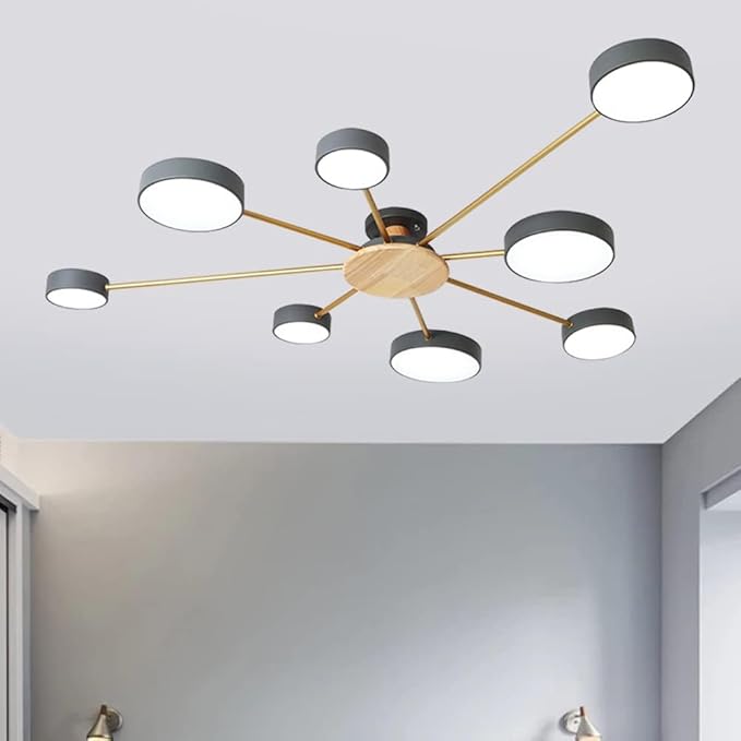 8-Lights LED Ceiling Light Fixture,48 Inch Modern Ceiling Lights Flush Mount Wooden 64W Dimmable Chandelier for Living Room Bedroom Kitchen,3000K/4000K/6000K Grey