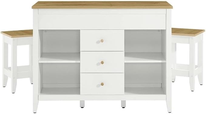 MAKLAINE Contemporary 3-Piece Kitchen Island and Stool Set, Oak White Finish, MDF/Particleboard Construction, Adjustable Shelves, Butcher Block Countertop, Pull-Out Table, Small Kitchen Dining Space