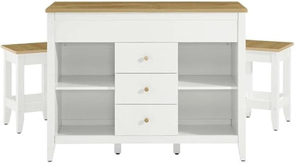 MAKLAINE Contemporary 3-Piece Kitchen Island and Stool Set, Oak White Finish, MDF/Particleboard Construction, Adjustable Shelves, Butcher Block Countertop, Pull-Out Table, Small Kitchen Dining Space