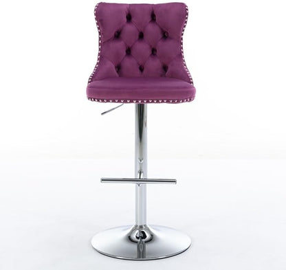 Premium Velvet Upholstered Swivel Bar Stool with Adjustable Height and Tufted Backrest for Kitchen Island, Home Bar, and Dining Space (Purple + Velvet + Foam)
