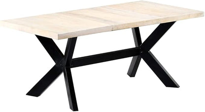 Modern Dining Table Solid Mango Wood 71x35 in Bleached White with Black Steel Legs Seats 6 for Kitchen Dining Room Small Spaces