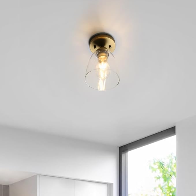 Yosoan Retro Semi Flush Mount Ceiling Light, 1-Light Vintage Industrial Hardwired 5.51'' Oval Cone Glass Shade for Kitchen Bathroom Cafe Corridor Hallway Entryway Passway(Antique)