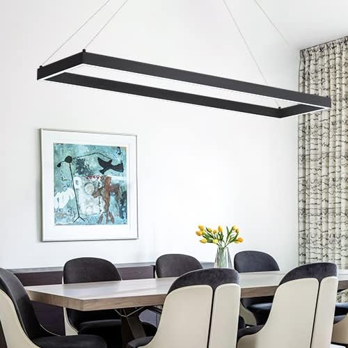 Modern Led Chandelier Linear Rectangle Chandelier Modern Led Pendant Light Kitchen Island Lighting Fixture 6000K Dimmable 39.4” Contemporary Hanging Light for Dining Room Living Room Black