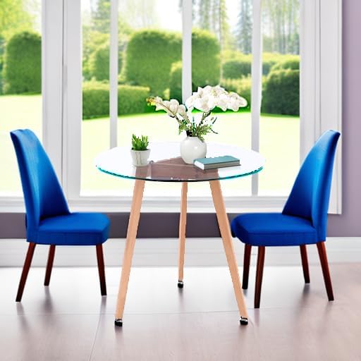 ivinta Round Dining Table for 4 People, 31.5" Modern Glass Kitchen Table with Tempered Glass Top and Wooden Legs for Dining Room, Living Room, RD-DT (Natural Wood)