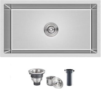 Comllen 28 Inch Undermount Kitchen Sink, 28x18 Inch Undermount 18 Gauge Stainless Steel Deep Kitchen Sinks, Brushed Nickel Single Bowl RV Laundry Utility Sink