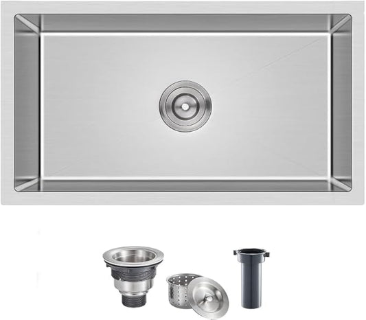 Comllen 28 Inch Undermount Kitchen Sink, 28x18 Inch Undermount 18 Gauge Stainless Steel Deep Kitchen Sinks, Brushed Nickel Single Bowl RV Laundry Utility Sink