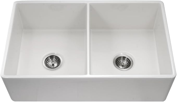 Houzer Platus White Fireclay Kitchen Sink: 33 Inch Apron Front Farmhouse 50/50 Double Bowl Sink, Durable & Versatile, Essential for Home and Apartment PTD-4400 WH