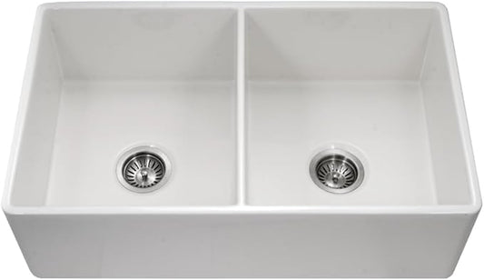 Houzer Platus White Fireclay Kitchen Sink: 33 Inch Apron Front Farmhouse 50/50 Double Bowl Sink, Durable & Versatile, Essential for Home and Apartment PTD-4400 WH