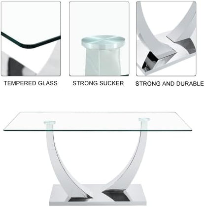 Modern Silver Dining Table, 63" Dining Room Table for 4-6 with Heavy Duty Tempered Glass Top, Rectangular Glass Kitchen Table with Sturdy U Shaped Base for Kitchen Dining Room