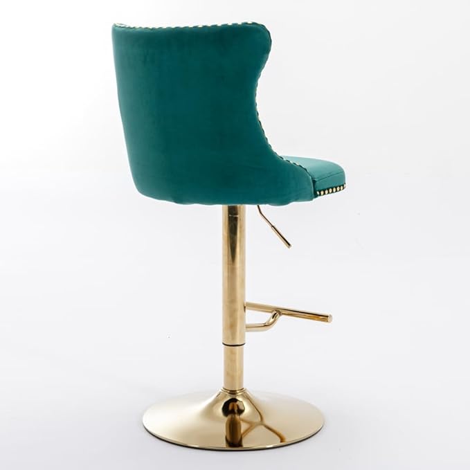 Adjustable Swivel Bar Stool with Tufted Velvet Upholstery, Chrome Base and Back Support for Kitchen Island, Home Bar or Pub (Green + Velvet + Foam)