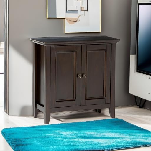 SIMPLIHOME Amherst 32-inch Wide Solid Wood Transitional-Style Low Storage Cabinet in Hickory Brown for Living Room, Entryway, or Dining Area with Adjustable Shelves