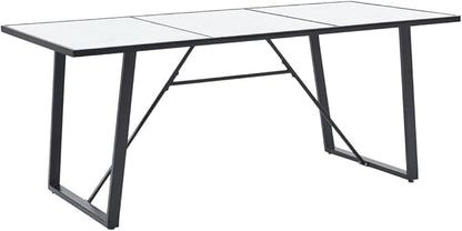 Rectangular Dining Table White Marble Pattern, Tempered Glass Top, Black Powder-Coated Steel Legs, 70.9x35.4 in, Modern Kitchen & Dining Room Furniture