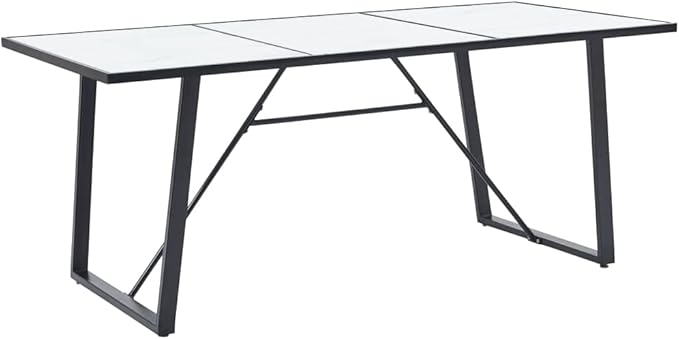Modern Rectangular Dining Table 70.9x35.4 inch White Marble Tempered Glass Top with Black Powder-Coated Steel Legs Seats 6 for Contemporary Kitchen & Dining Room