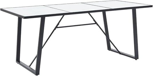 Modern Rectangular Dining Table 70.9x35.4 inch White Marble Tempered Glass Top with Black Powder-Coated Steel Legs Seats 6 for Contemporary Kitchen & Dining Room