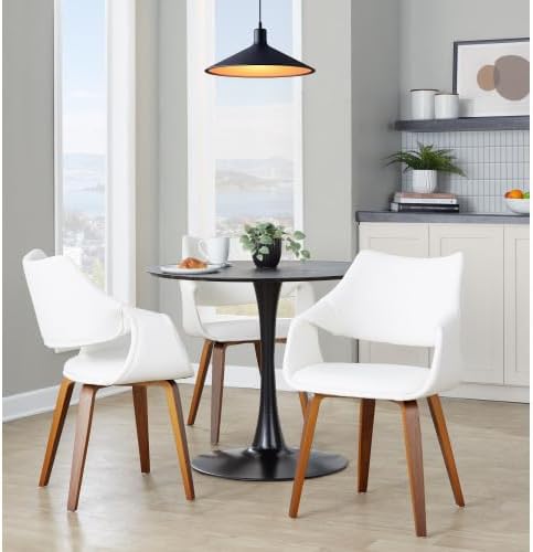 Faux Leather Dining Chairs Set of 2, Kitchen Island Chairs with White Padded Seat and Walnut Bent Wood Legs for Dining Room Living Room Restaurant