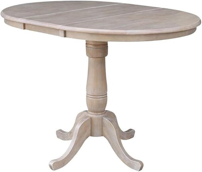 International Concepts 36" Round Top Pedestal Table with 12" Leaf-34.9" H-Dining or Counter Height, Washed Gray Taupe