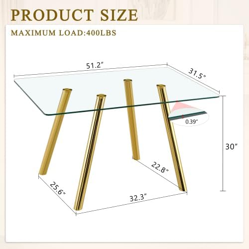 Donext 51" Rectangular Tempered Glass Dining Table, Sturdy Metal Legs,Modern Kitchen Dining Room Table, Easy to Clean, Gold
