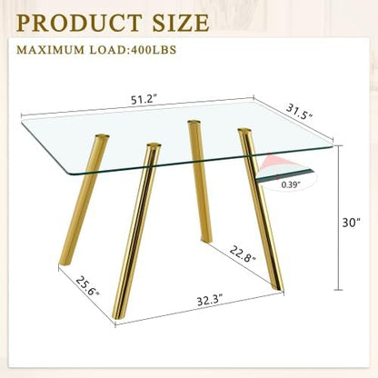 Donext 51" Rectangular Tempered Glass Dining Table, Sturdy Metal Legs,Modern Kitchen Dining Room Table, Easy to Clean, Gold