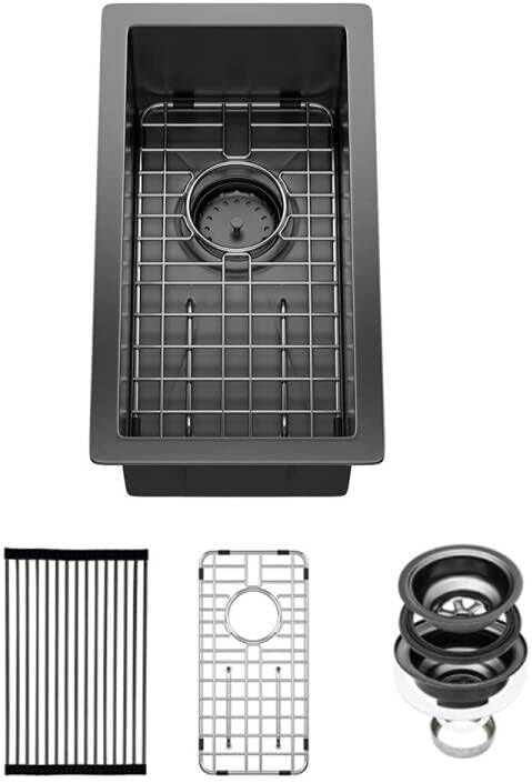 Sarlai 10 Black Bar Sink Undermount - 10x18 Inch Gunmetal Black Stainless 16 Guage Kitchen Bar Prep RV Sinks Deep Single Bowl One Basin