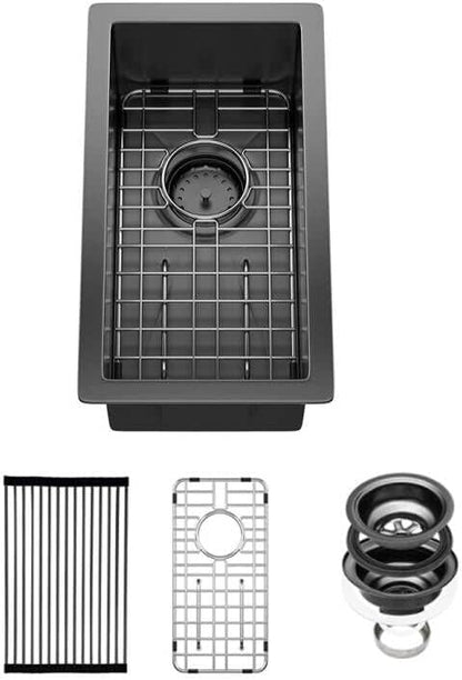 Sarlai 10 Black Bar Sink Undermount - 10x18 Inch Gunmetal Black Stainless 16 Guage Kitchen Bar Prep RV Sinks Deep Single Bowl One Basin