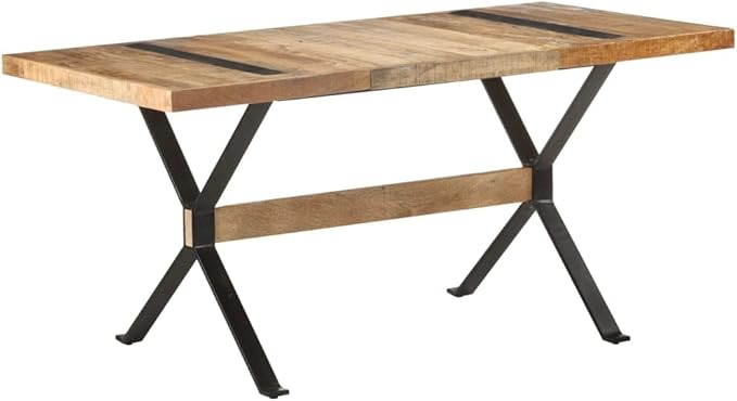 Industrial Narrow Rectangular Dining Table Solid Mango Wood Brown Rough Finish Seats 4 Modern Design Powder Coated Black Legs for Dining Room Kitchen Use